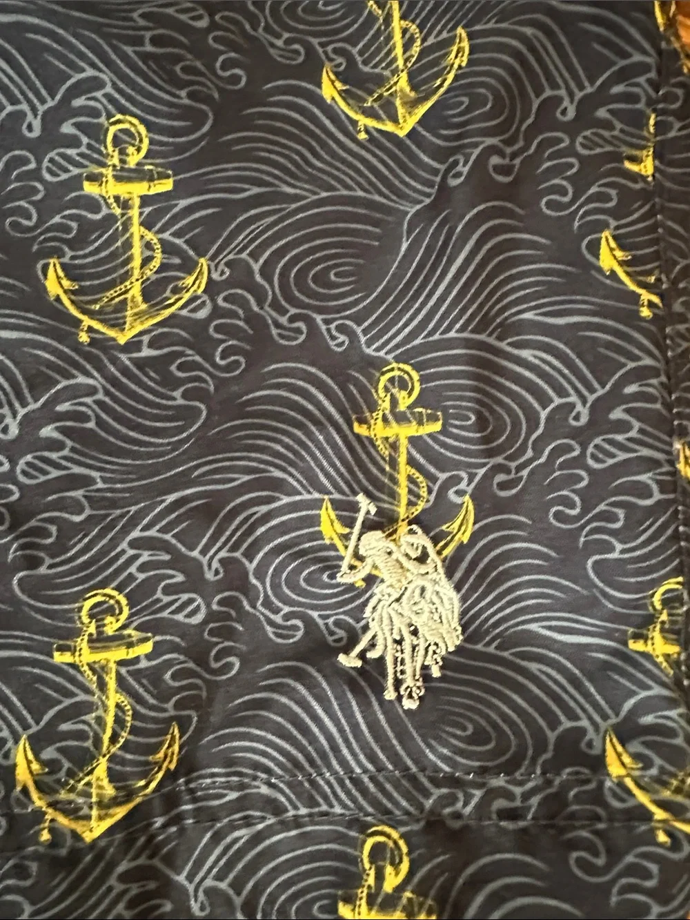U.S. Polo Assn. Navy Swim Trunks with Yellow Anchor Print and Drawcord